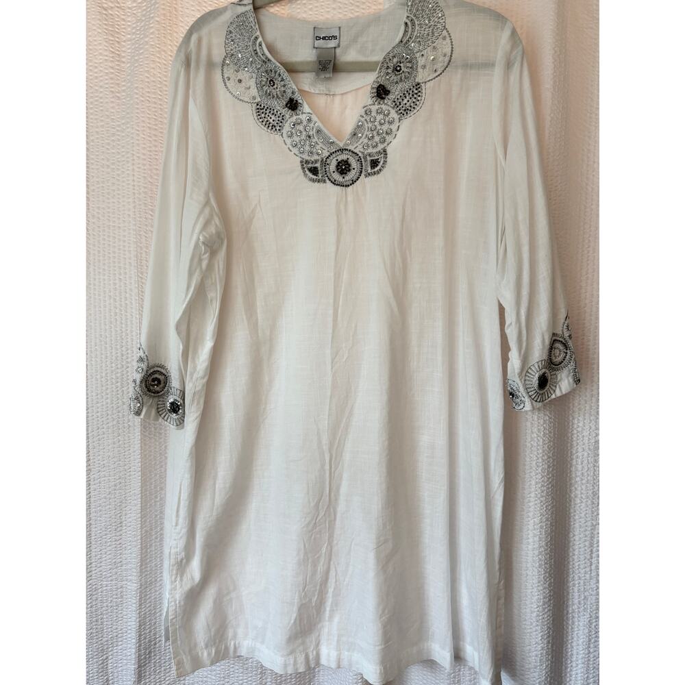 Chico's Womens White‎ Sequin Embellished Boho Cotton Tunic Top Coverup Size 3